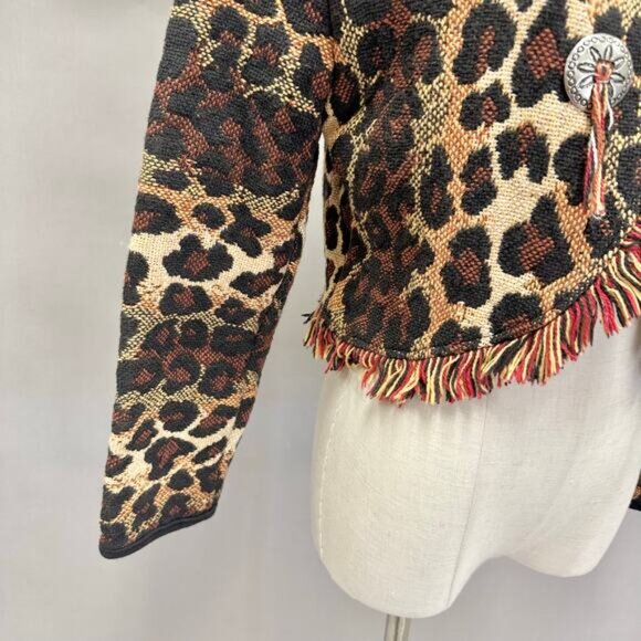 Vintage Cache Leopard Print Woven Fringe Bolero Blanket Jacket Size Small Cotton - Picture 7 of 16